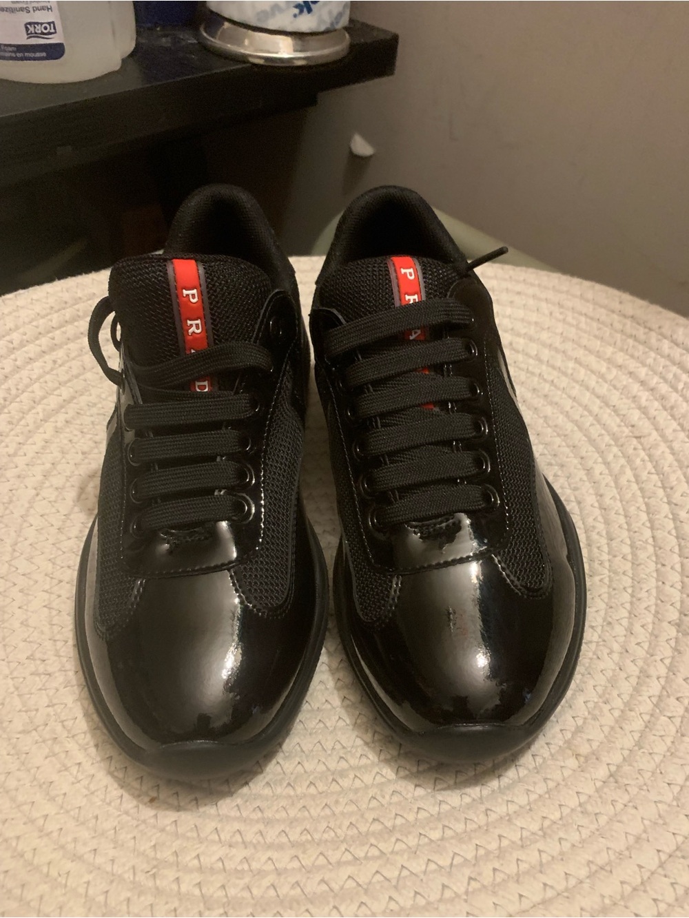 Prada Black Patent & Mesh Low-Top Sneakers with Red Logo America Cup